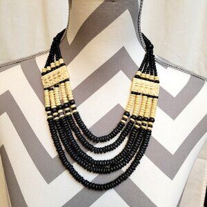 Tribal Chunky Black & Cream Beaded Necklace Five Strands 20.5 inches